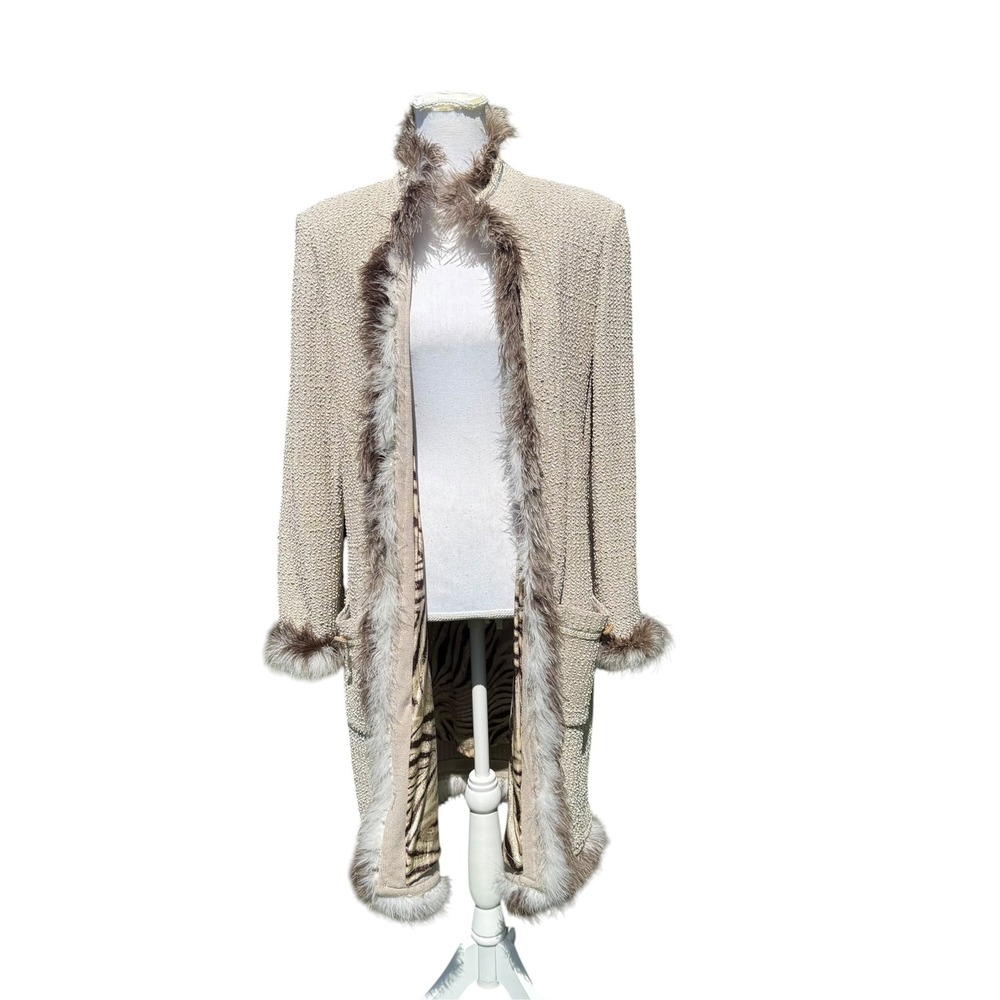 St. John Couture Marie Gray Beige Knit Fur Trim Zebra Print Lining Coat Size 12